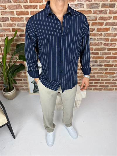 Tek Çizgili Oversize Keten Gömlek Lacivert