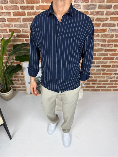 Tek Çizgili Oversize Keten Gömlek Lacivert