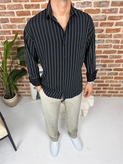 Tek Çizgili Oversize Keten Gömlek Siyah