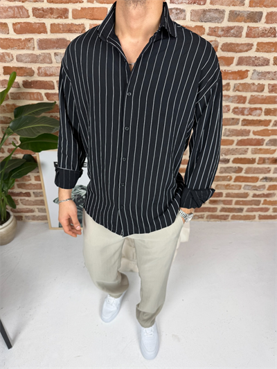 Tek Çizgili Oversize Keten Gömlek Siyah