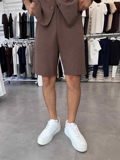 Viskon&Keten Oversize Şortlu Takım Acı Kahve