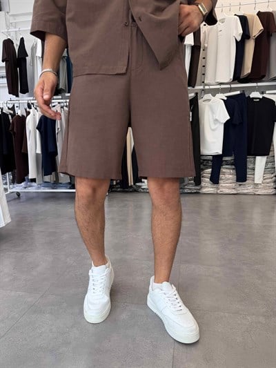 Viskon&Keten Oversize Şortlu Takım Acı Kahve