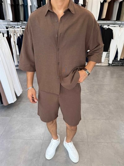 Viskon&Keten Oversize Şortlu Takım Acı Kahve