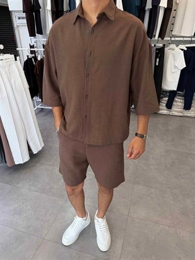Viskon&Keten Oversize Şortlu Takım Acı Kahve