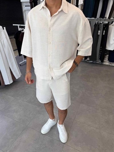 Viskon&Keten Oversize Şortlu Takım Bej