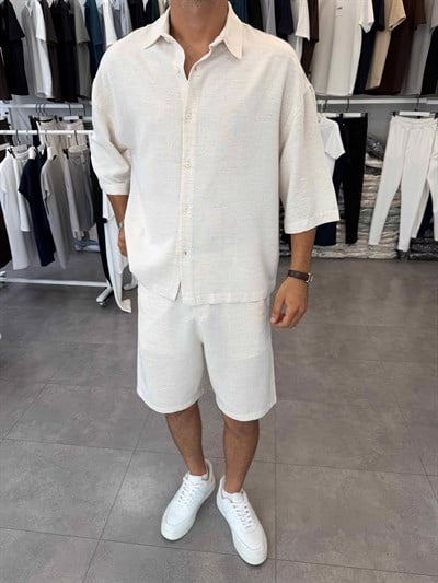 Viskon&Keten Oversize Şortlu Takım Bej