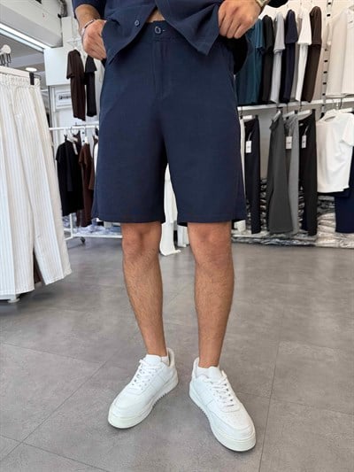 Viskon&Keten Oversize Şortlu Takım Lacivert