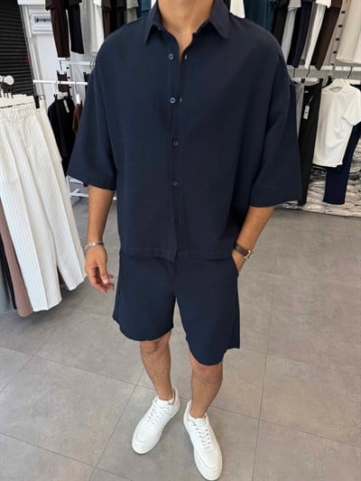 Viskon&Keten Oversize Şortlu Takım Lacivert