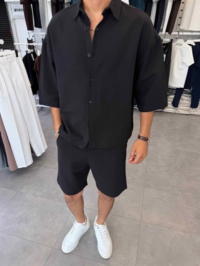 Viskon&Keten Oversize Şortlu Takım Siyah