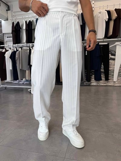 Viskon&Keten Pileli Baggy Pantolon Beyaz
