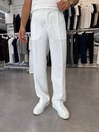 Viskon&Keten Pileli Baggy Pantolon Beyaz