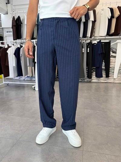 Viskon&Keten Pileli Baggy Pantolon Lacivert