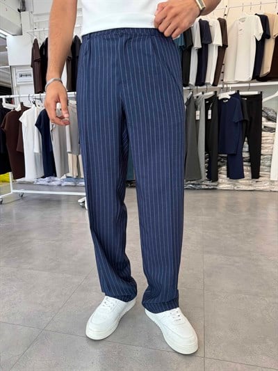 Viskon&Keten Pileli Baggy Pantolon Lacivert