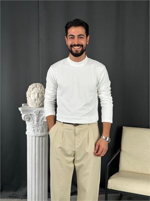 Yarım Balıkçı Örme Şardonlu Sweatshirt Beyaz