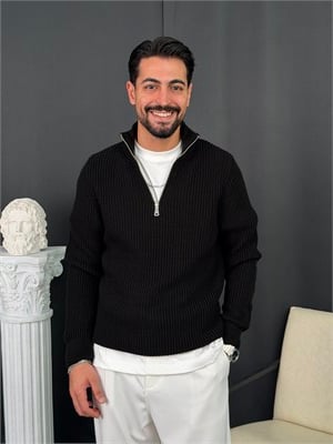 Yarım Fermuar Selanik Regular Triko Kazak Siyah