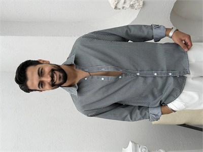 Yarım Oversize Çizgili Gömlek Antrasit