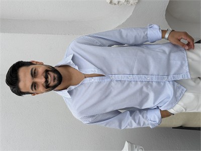 Yarım Oversize Çizgili Gömlek Bebe Mavi