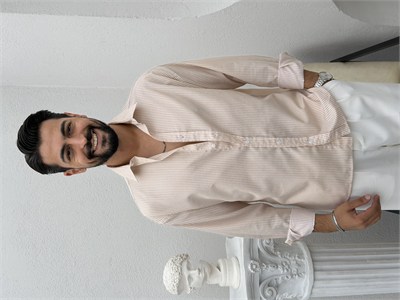 Yarım Oversize Çizgili Gömlek Bej