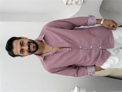 Yarım Oversize Çizgili Gömlek Bordo