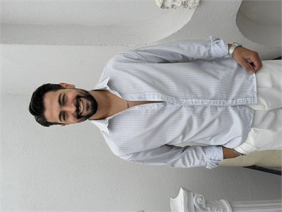 Yarım Oversize Çizgili Gömlek Buz Mavi