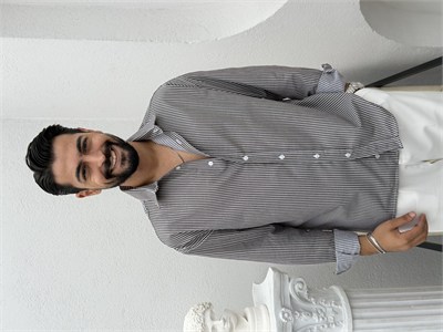 Yarım Oversize Çizgili Gömlek Kahve