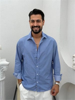 Yarım Oversize Çizgili Gömlek Lacivert