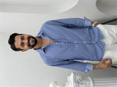 Yarım Oversize Çizgili Gömlek Lacivert