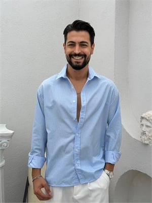 Yarım Oversize Çizgili Gömlek Mavi