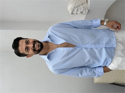 Yarım Oversize Çizgili Gömlek Mavi