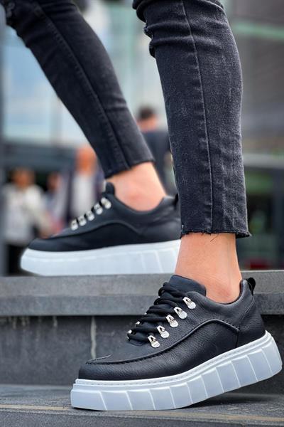 Yüksek Taban Deri Ayakkabı Siyah-Beyaz