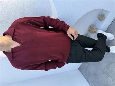 Yünlü Apaş Yaka Triko Kazak Bordo