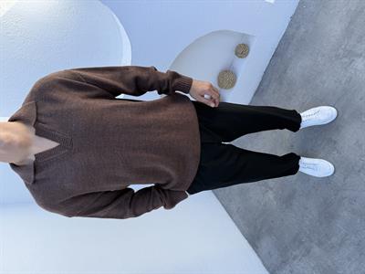 Yünlü Apaş Yaka Triko Kazak Kahve