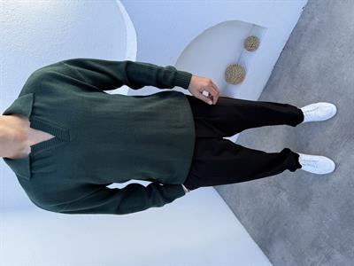 Yünlü Apaş Yaka Triko Kazak Yeşil