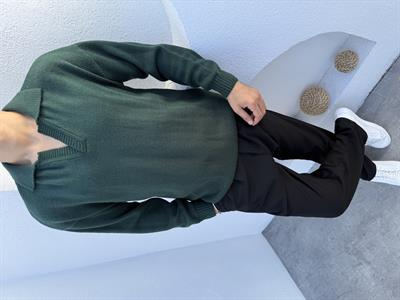 Yünlü Apaş Yaka Triko Kazak Yeşil