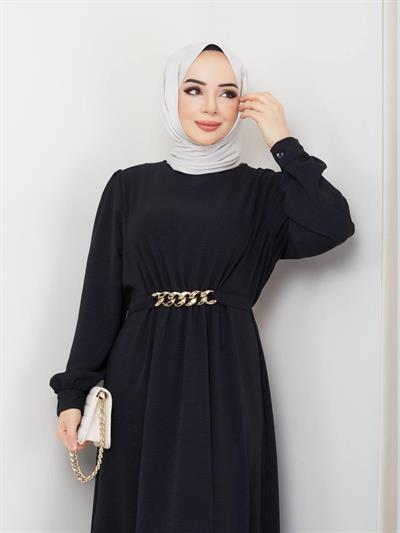 AKİKA ZİNCİR DETAY AYROBİN ELBİSE SİYAH
