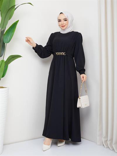 AKİKA ZİNCİR DETAY AYROBİN ELBİSE SİYAH