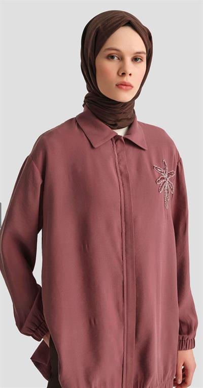 Armine Trend 25YT466 Yaka Palmiye Boncuklu Tunik - Gül