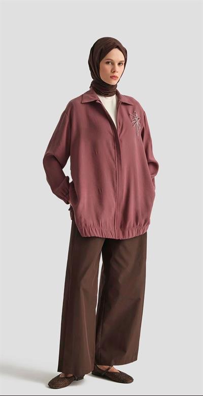 Armine Trend 25YT466 Yaka Palmiye Boncuklu Tunik - Gül