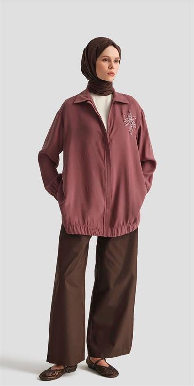 Armine Trend 25YT466 Yaka Palmiye Boncuklu Tunik - Gül