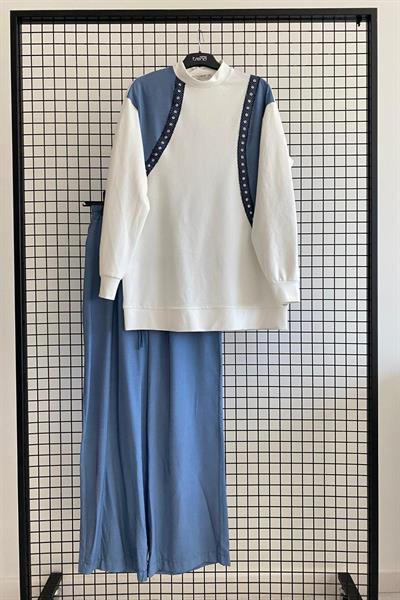 Armine Trend 25YT687 İnce Kot Garnili Pantolonlu Takım - Beyaz