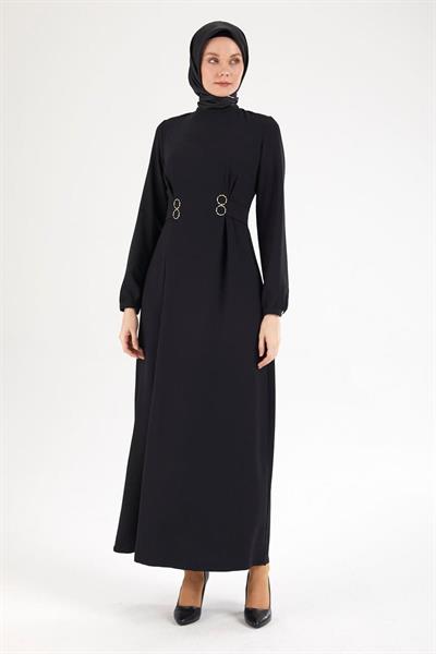 ARMİNE TREND Belden Halka Desenli Elbise-Siyah 25YT926