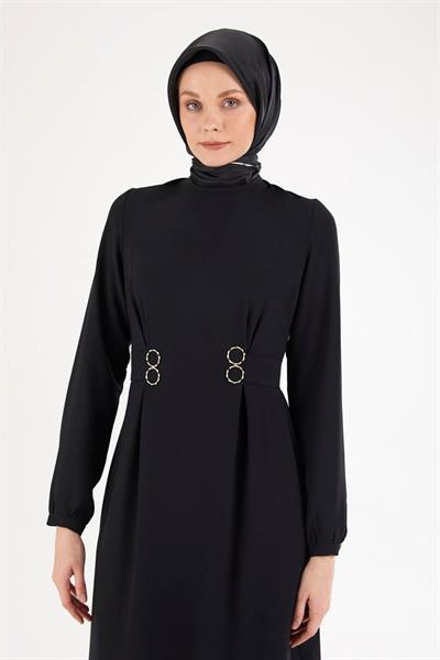 ARMİNE TREND Belden Halka Desenli Elbise-Siyah 25YT926