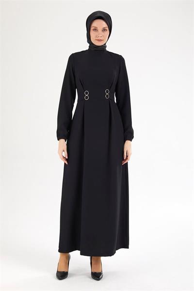 ARMİNE TREND Belden Halka Desenli Elbise-Siyah 25YT926