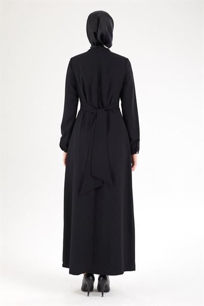 ARMİNE TREND Belden Halka Desenli Elbise-Siyah 25YT926