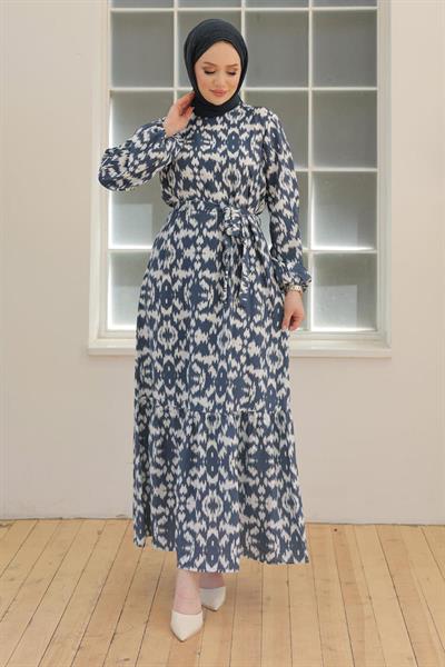 ARMİNE TREND Belden Kuşaklı Desenli Elbise İndigo 24YT928