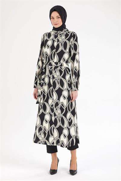 ARMİNE TREND Beli Kuşaklı Boydan Düğmeli Tunik-Siyah 25YT421