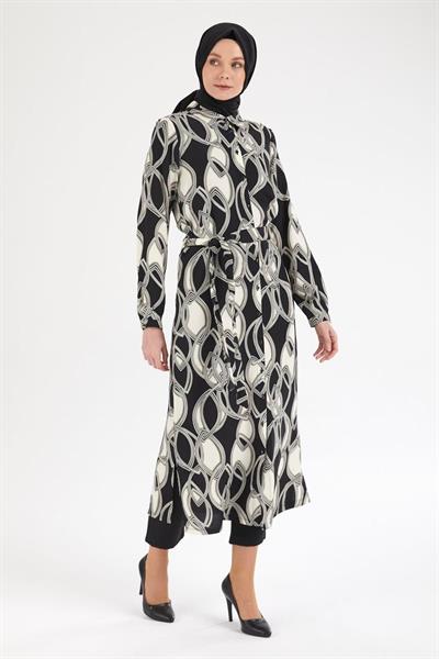 ARMİNE TREND Beli Kuşaklı Boydan Düğmeli Tunik-Siyah 25YT421