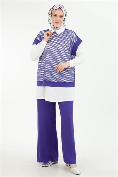 ARMİNE TREND Beli Lastikli Pantolonlu Basic Gömlekli Fileli Üçlü Takım Leylak 24YT633