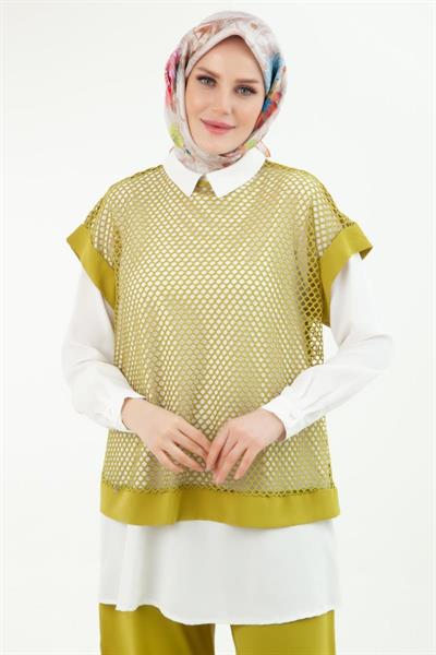 ARMİNE TREND Beli Lastikli Pantolonlu Basic Gömlekli Fileli Üçlü Takım Yağ Yeşili 24YT633