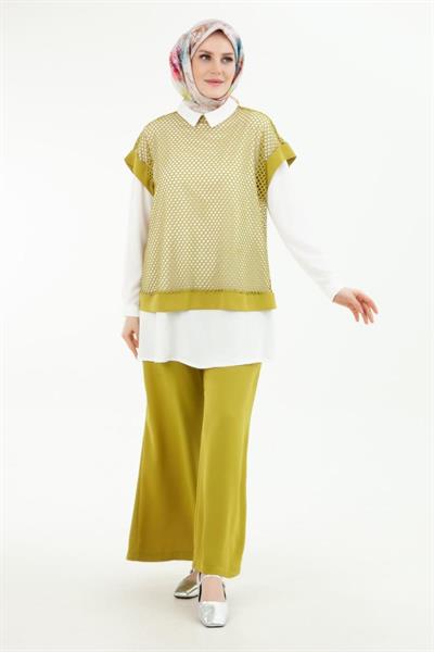 ARMİNE TREND Beli Lastikli Pantolonlu Basic Gömlekli Fileli Üçlü Takım Yağ Yeşili 24YT633